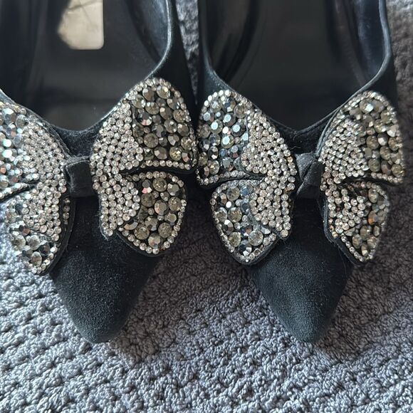 Alomore Black‎ Suede Rhinestone Bow Flats 7.5 Pointed Toe Leather Sole heels - Picture 11 of 11